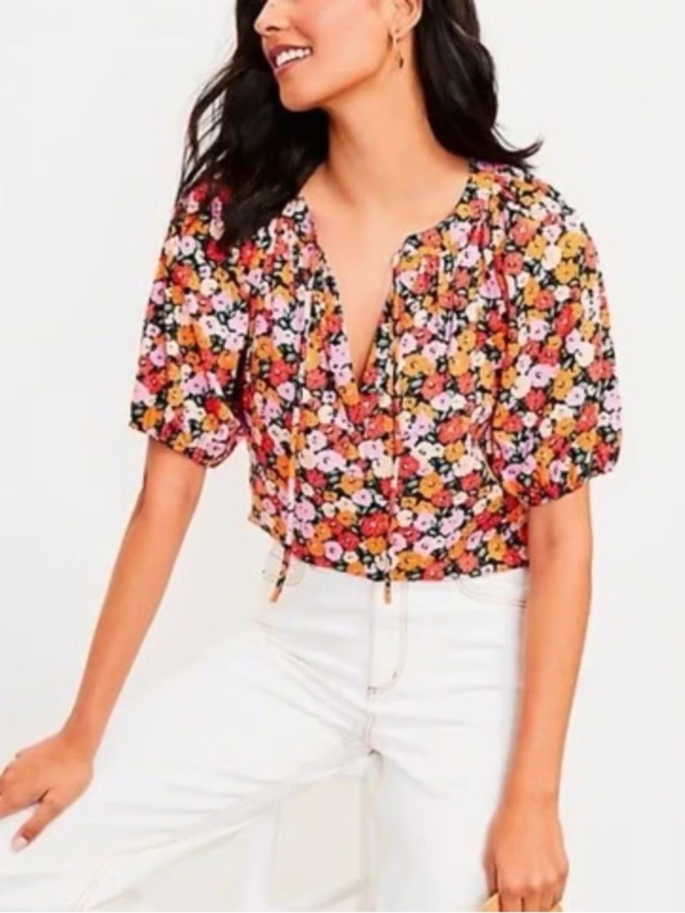 LOFT Floral Tie-Front Short Sleeve Blouse in Multi-Color NWOT Size Small